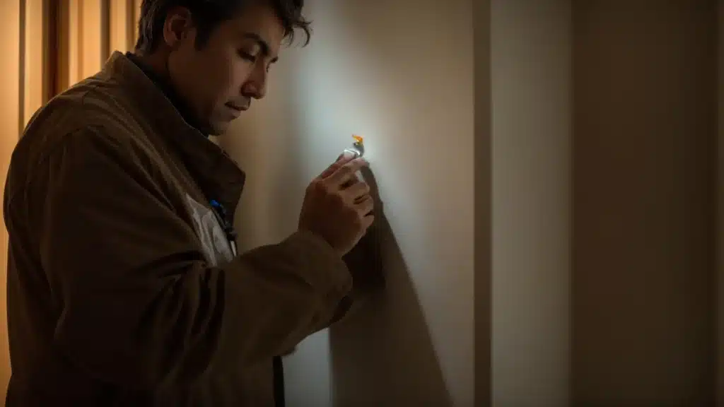 a close-up of a concerned homeowner examining a wall with visible pest droppings and gnaw marks under warm, dramatic lighting, highlighting the urgent need for pest control awareness.